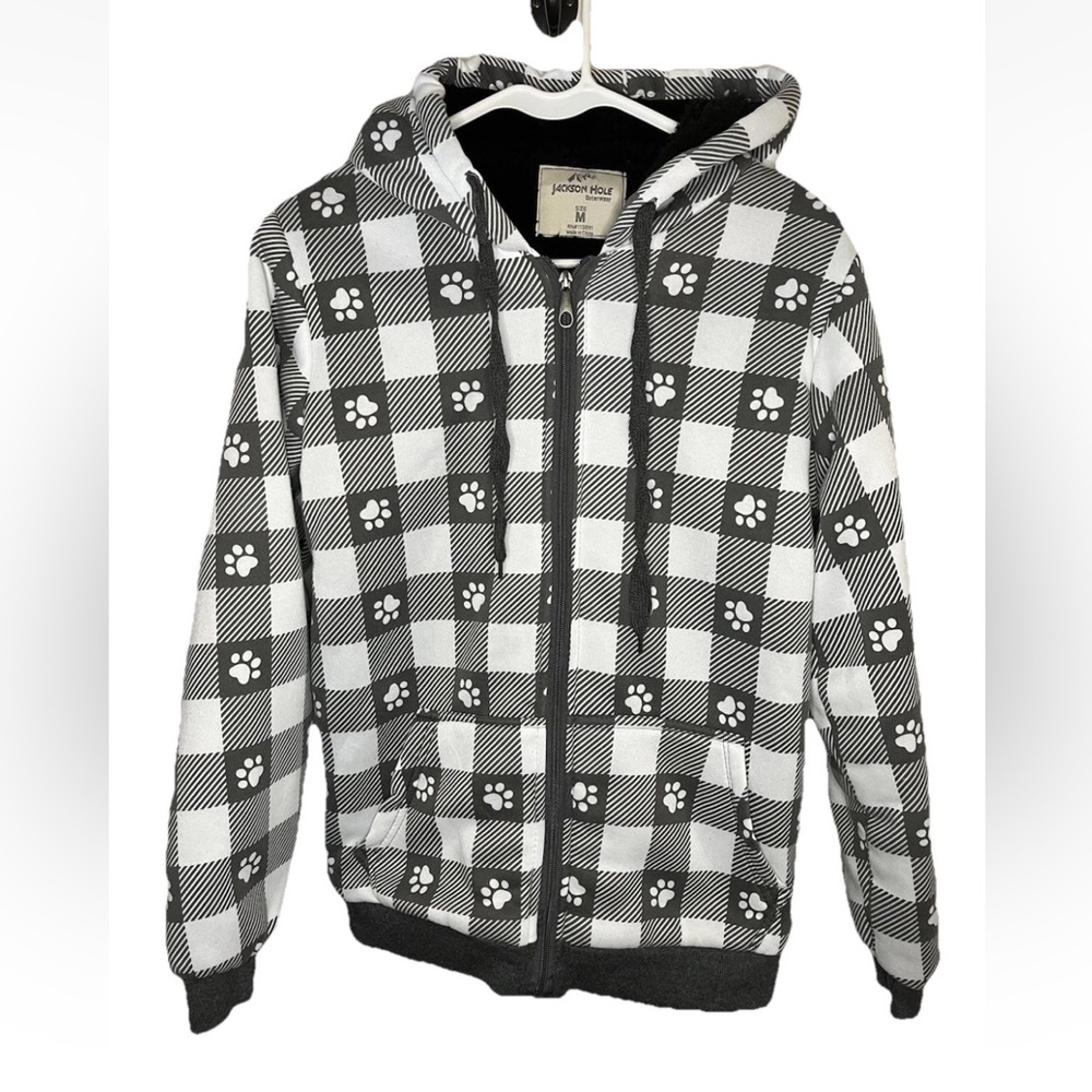 Jackson Hole Women's Black and White Checkered Paw Print Hoodie Size M EUC
